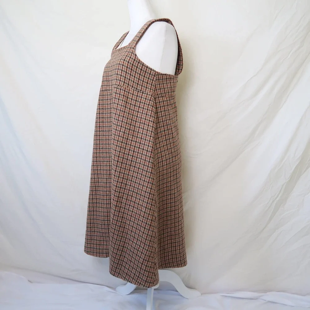 Vintage tan brown houndstooth plaid midi jumper overall dress S - Picture 3 of 7